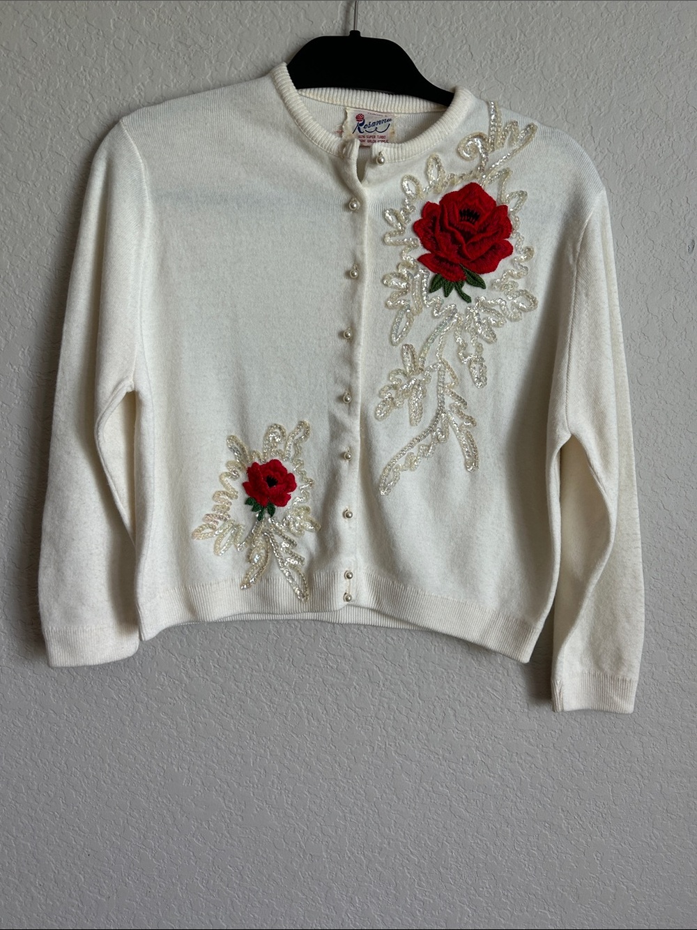 Rosanna Cream Cardigan with Red Rose Appliqués